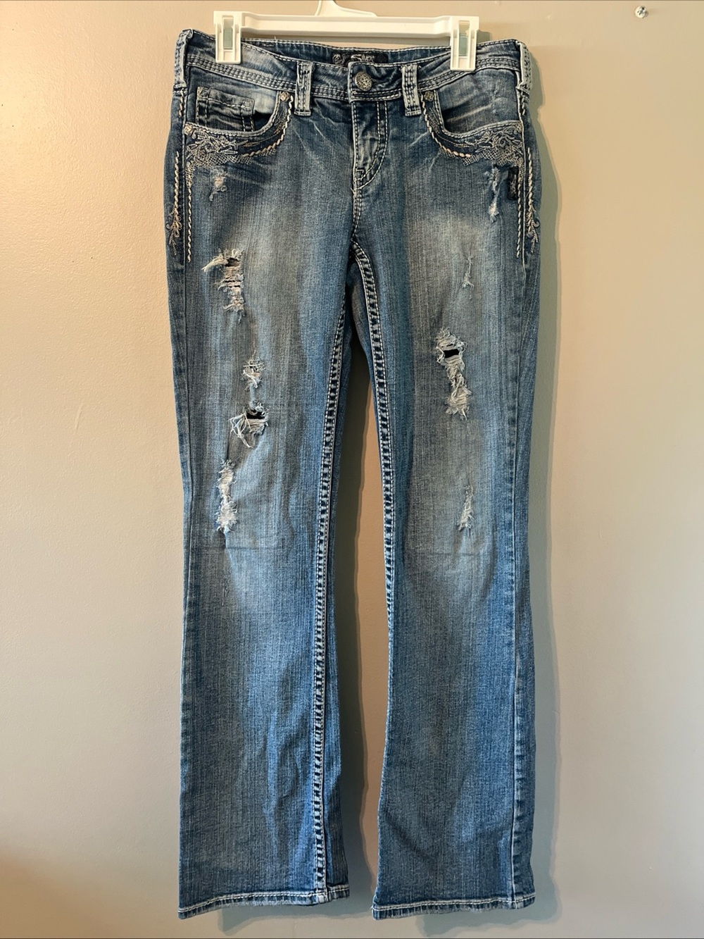 SILVER Womens Jeans Size 30x33 Light Wash Denim Blue Aiko Mid Bootcut Distressed
